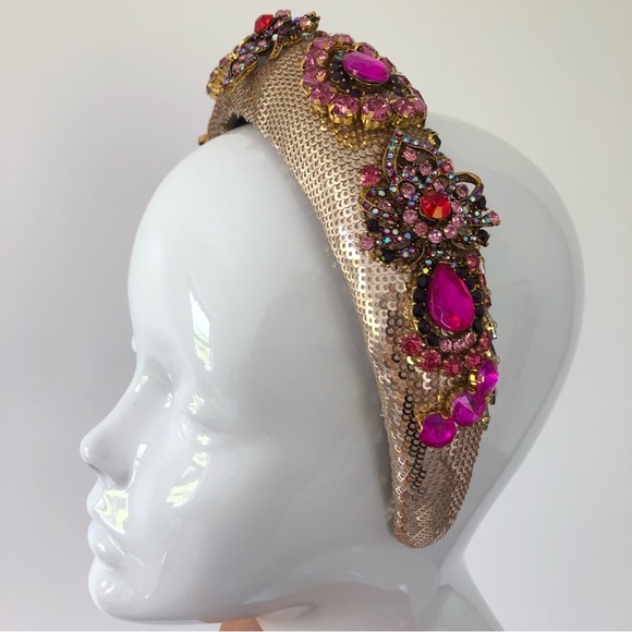 Handmade Hairband Headband Gold Pink Multicoloured Rhinestone Wedding Occasion - Picture 6 of 16